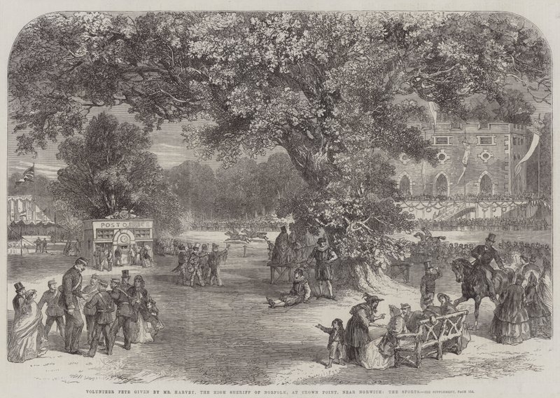 Önkéntes ünnepség, amelyet Harvey úr, Norfolk fő seriffje adott a Crown Pointban, Norwich közelében, a Sports (metszet) alkotó: English School