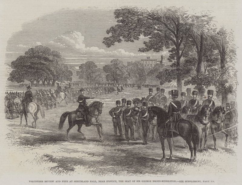 Önkéntes szemle és ünnepség a Shrubland Hallban, Ipswich közelében, Sir George Broke-Middleton székhelyén (metszet) alkotó: English School