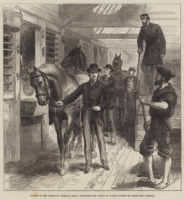 A walesi herceg útja Indiába, a walesi herceg lovainak gyakorlatozása a HMS Serapis fedélzetén (metszet) alkotó: English School