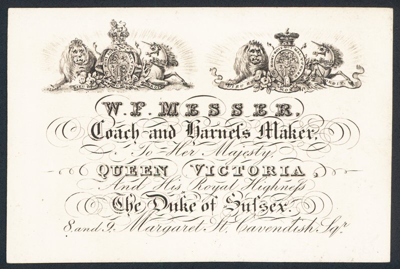 W F Messer, edző és hámgyártó őfelségének Viktória királynőnek és Sussex hercegének, kártya alkotó: English School