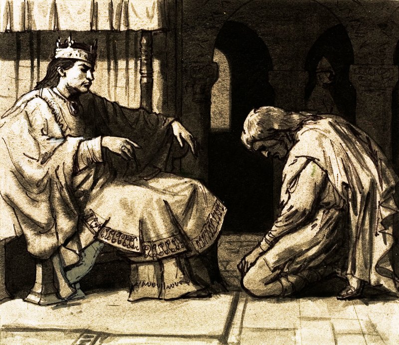 Waltheof Normandiába ment, hogy kegyelmet kérjen Vilmos királytól (gouache papíron) alkotó: English School
