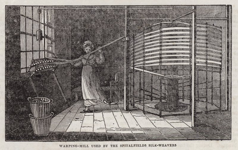 A Spitalfields selyemszövők által használt vetemítő malom (metszet) alkotó: English School