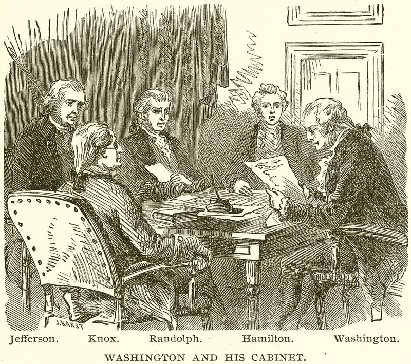 Washington és kabinetje. Jefferson. Knox. Randolph. Hamilton. Washington alkotó: English School