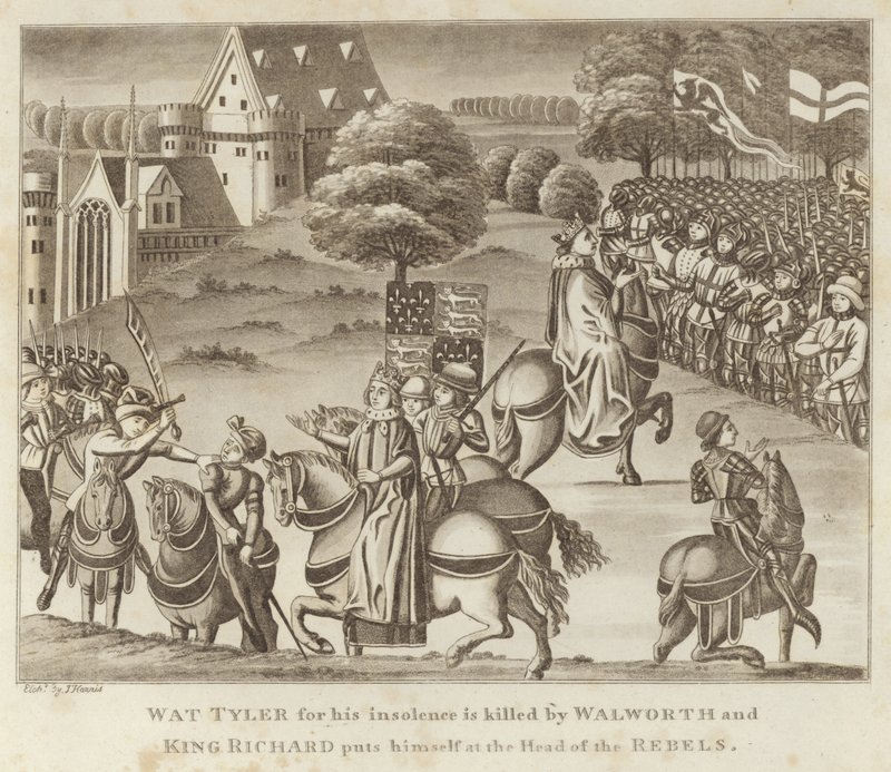Wat Tyler arcátlansága miatt Walworth megöli, Richard király pedig a lázadók élére állítja magát. alkotó: English School