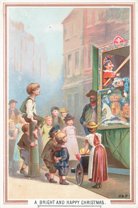 Punch és Judy show megtekintése, karácsonyi üdvözlőlap alkotó: English School