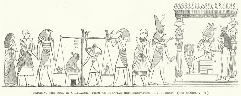 A lélek mérlegelése, az ítélet egy egyiptomi ábrázolásából (metszet) alkotó: English School