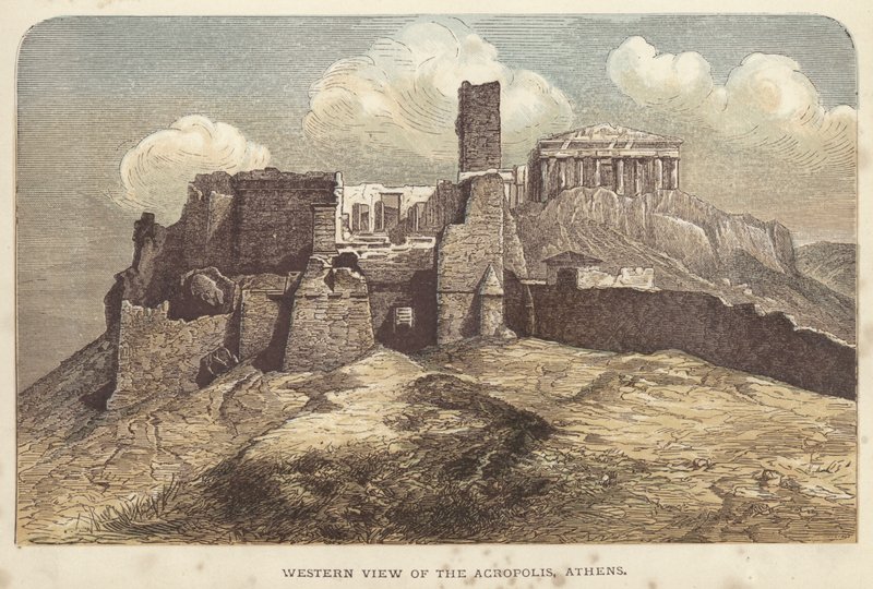 Nyugati kilátás az Akropoliszra, Athén (színes metszet) alkotó: English School