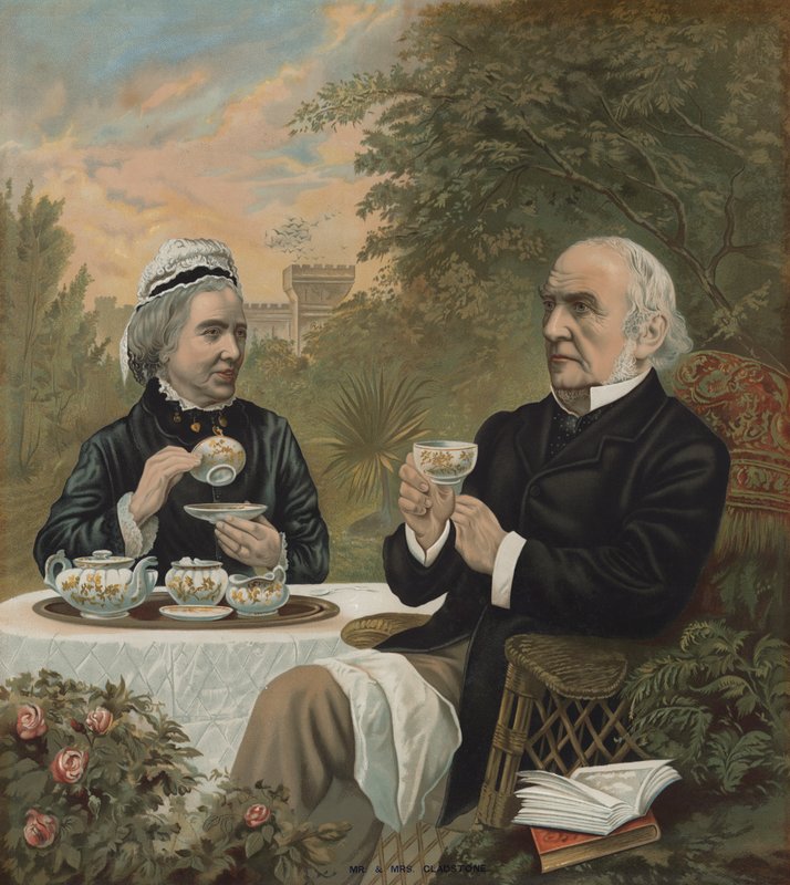 William Ewart Gladstone, brit liberális politikus és miniszterelnök, teázik feleségével, Harriettel, 1891 alkotó: English School