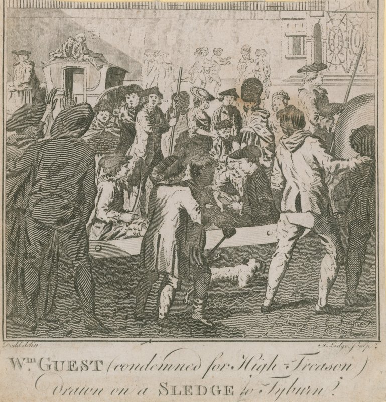 A hazaárulásért elítélt William Guest szánkón húzott Tyburnhez alkotó: English School