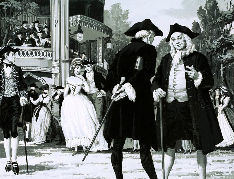 William Hogarth sétát tesz a Vauxhall Gardensben (guache papíron) alkotó: English School