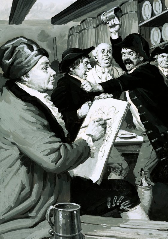 William Hogarth legelső szatirikus rajzát egy kocsmai verekedés ihlette (guache papíron) alkotó: English School