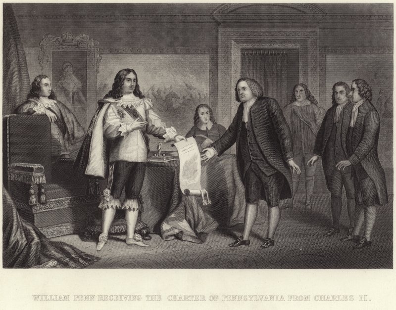 William Penn megkapta a Pennsylvaniai Chartát II. Károlytól alkotó: English School