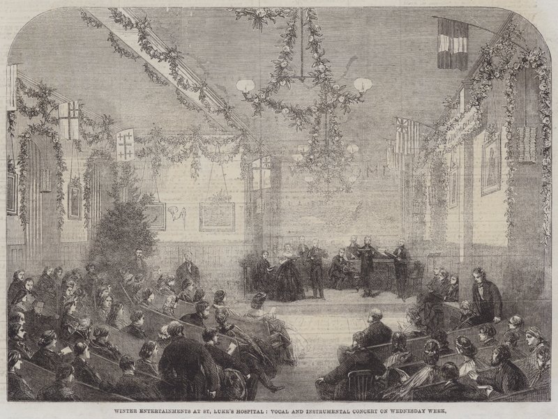 Téli mulatságok a Szent Lukács Kórházban, ének- és hangszeres koncert a héten szerdán (metszet) alkotó: English School