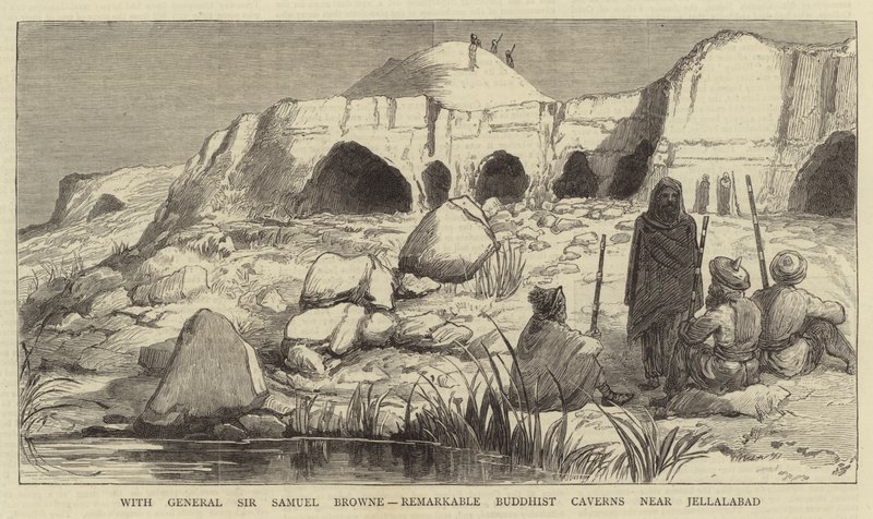 Sir Samuel Browne tábornokkal, figyelemre méltó buddhista barlangok Jellalabad közelében (metszet) alkotó: English School