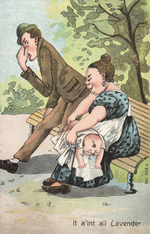 Kisbabát cserélő nő a parkban (színes litó) alkotó: English School