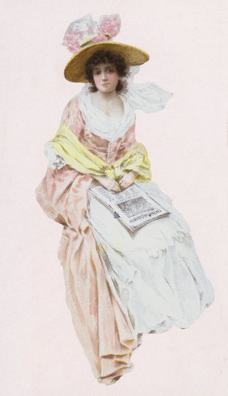 Nő viktoriánus vagy Edward-korabeli ruhában, újságot olvas (chromolitho) alkotó: English School