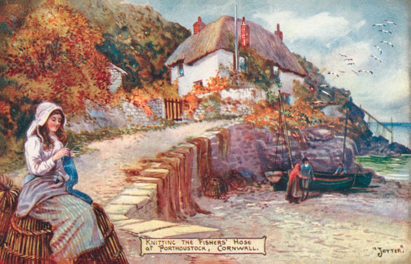 Nő, aki halásztömlőt köt, Porthoustock, Cornwall (színes litó) alkotó: English School