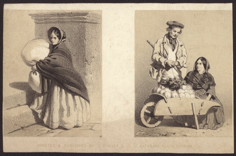 Utcai árus nő, aki talicska zöldségeket árul (litho) alkotó: English School