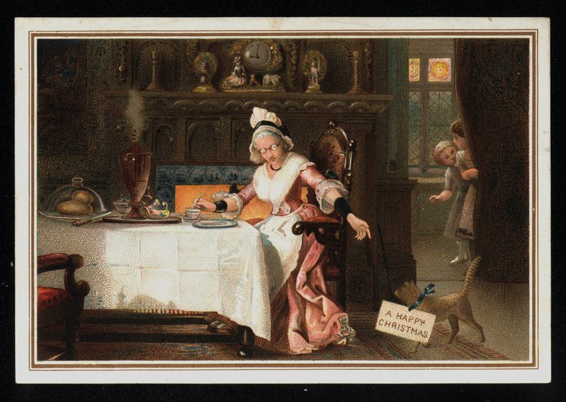 Nő vesz teát a macskájával, karácsonyi üdvözlőlap. (chromolitho) alkotó: English School
