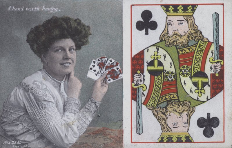 Nő játékkártyákkal és a treff királlyal (színes litográfia) alkotó: English School