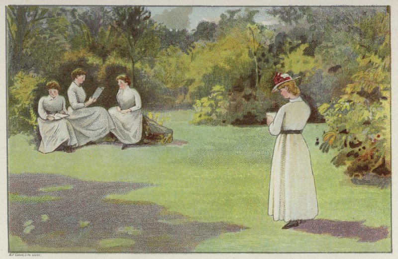 Nők pihennek Bournville egyik csendes sarkában, Birminghamben (chromolitho) alkotó: English School