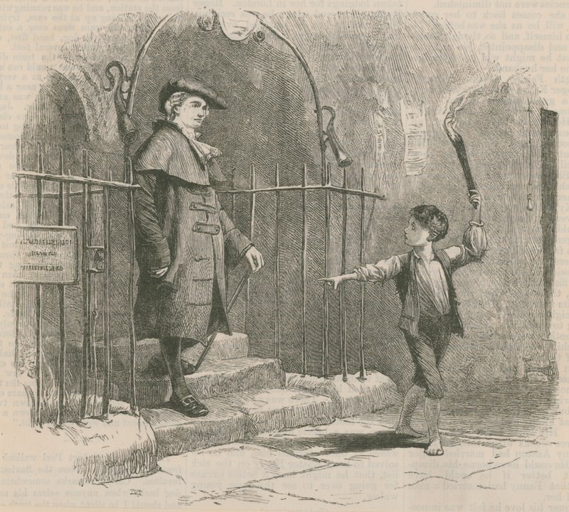 Fiatal fiú fáklya fényénél egy úriembert vezet alkotó: English School