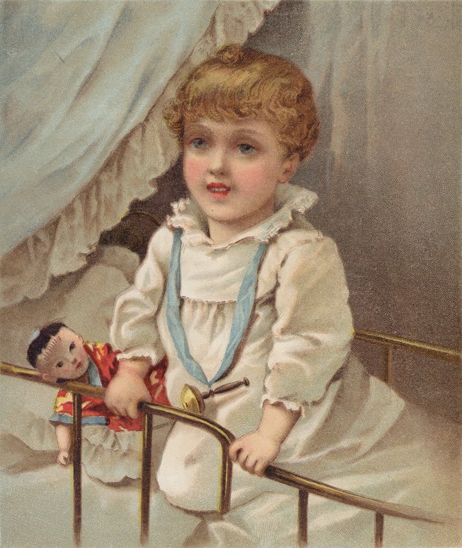 Kisgyermek kiságyban (chromolitho) alkotó: English School