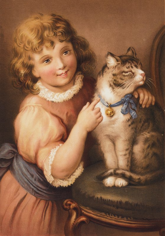 Fiatal lány macskával (chromolitho) alkotó: English School
