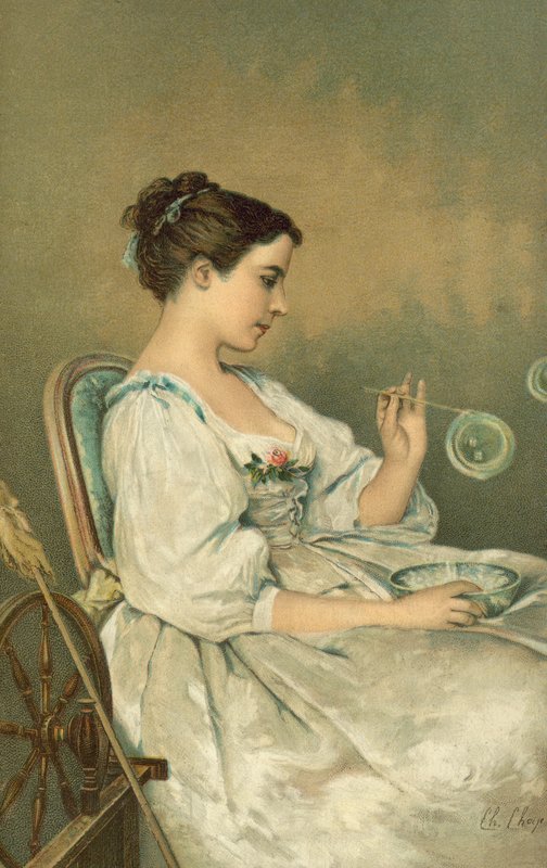 Fiatal nő buborékokat fúj (chromolitho) alkotó: English School