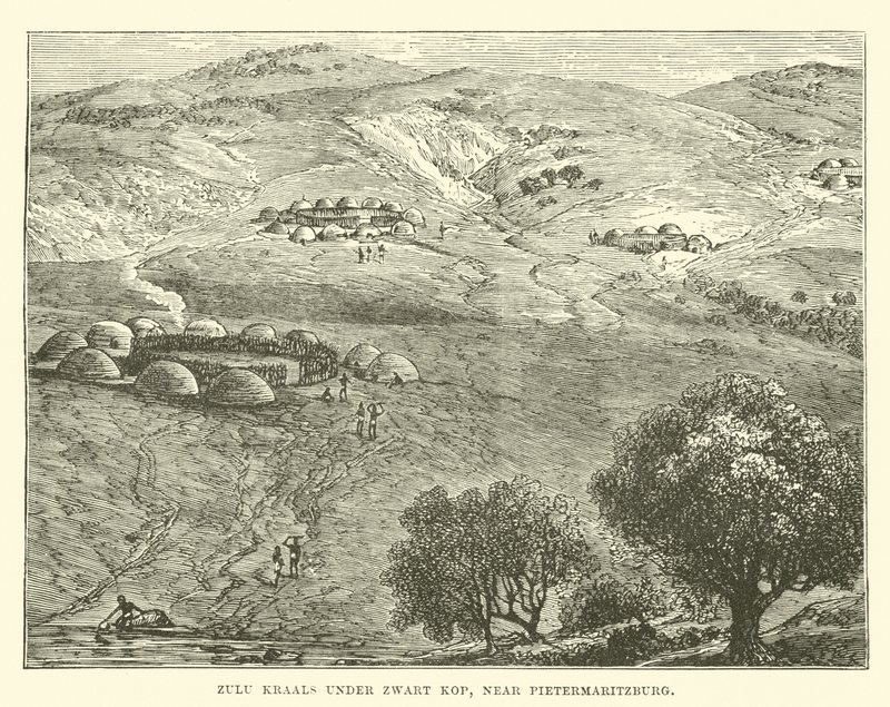 Zulu Kraals Zwart Kop alatt, Pietermaritzburg közelében alkotó: English School