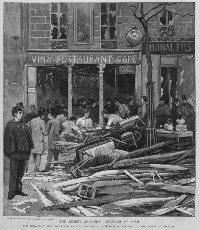 Anarchista terror Párizsban: a Boulevard de Magenta-i Very Restaurant bombázása Ravachol letartóztatásáért való bosszúból, 1892. április 25. (litho) alkotó: Enoch Ward