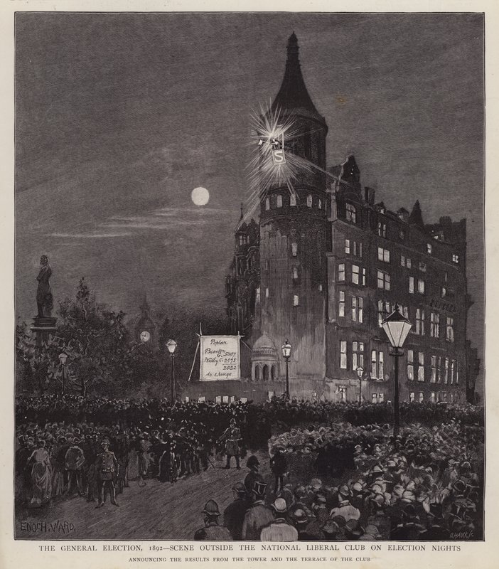 Az 1892-es általános választások eredményhirdetése a Liberális Klubtól, Westminster, London (litho) alkotó: Enoch Ward