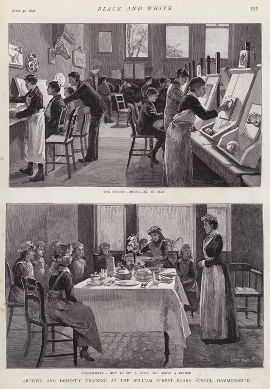 Művészeti és hazai képzés a William Street Board School-ban, Hammersmith, London (litho) alkotó: Enoch Ward