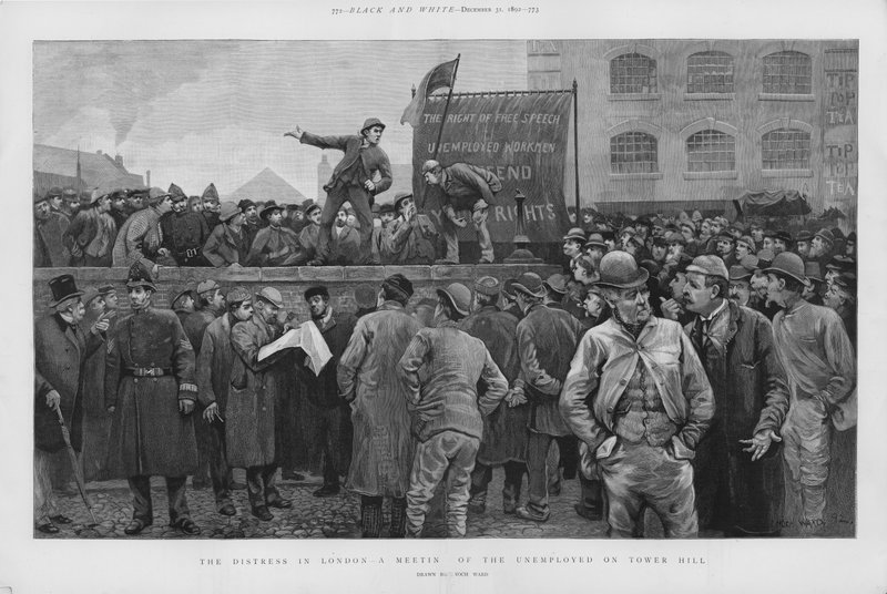 Munkanélküli munkások találkozója a londoni Tower Hillen (litho) alkotó: Enoch Ward