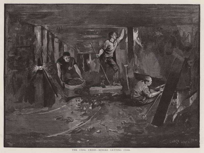 Bányászok dolgoznak a föld alatt a szénfalnál (litho) alkotó: Enoch Ward