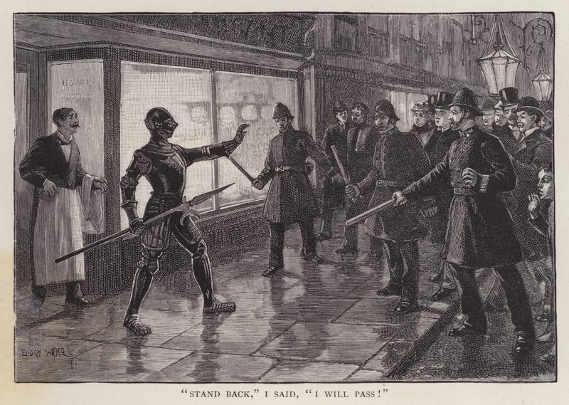 Rendőr férfi, aki szembekerült egy középkori páncélt viselő férfival egy londoni utcán (litho) alkotó: Enoch Ward