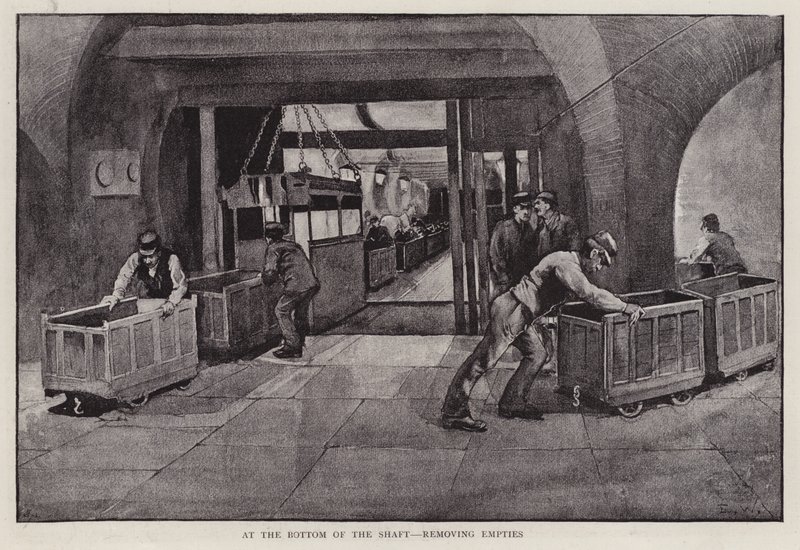 Üres szénszállító teherautók eltávolítása egy bányaakna aljáról (litho) alkotó: Enoch Ward