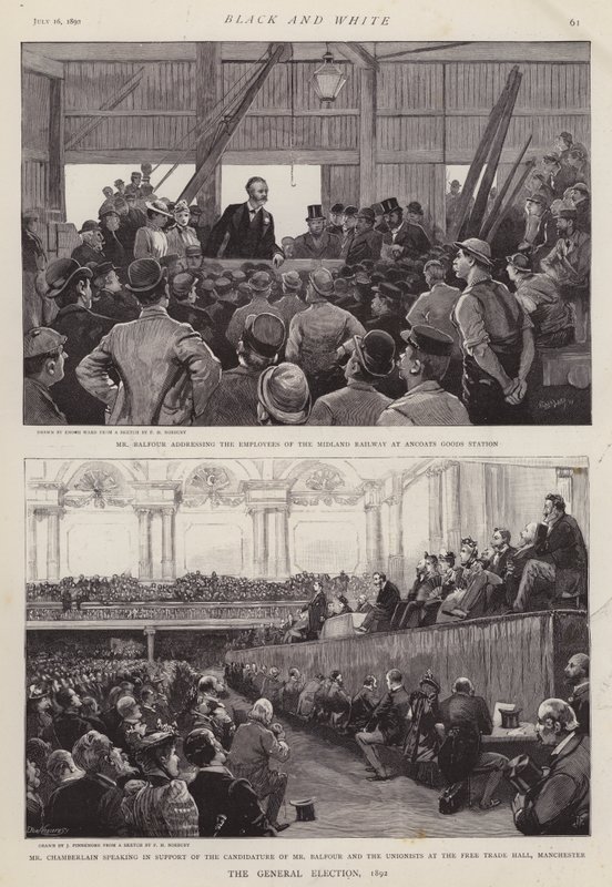 Jelenetek az 1892-es brit általános választási kampányból (litho) alkotó: Enoch Ward