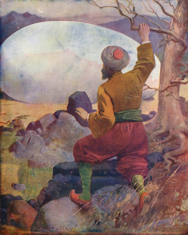 Szindbád meglátja a Roc tojását (színes litográfia) alkotó: Enoch Ward