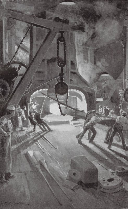 A 40 tonnás gőzkalapács munka közben a Woolwich Arsenalban (litho) alkotó: Enoch Ward