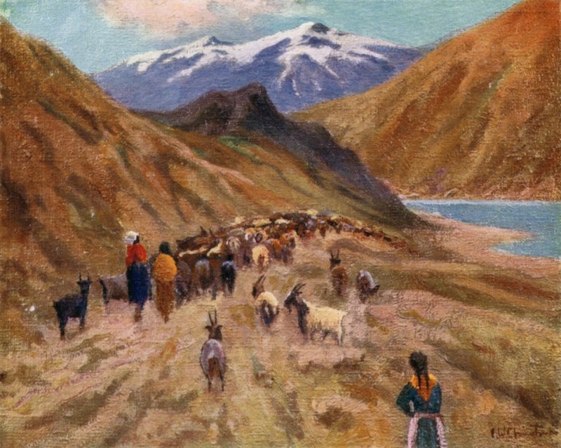 Indián lányok hazahajtják kecskecsordáikat alkotó: Ernest William Christmas