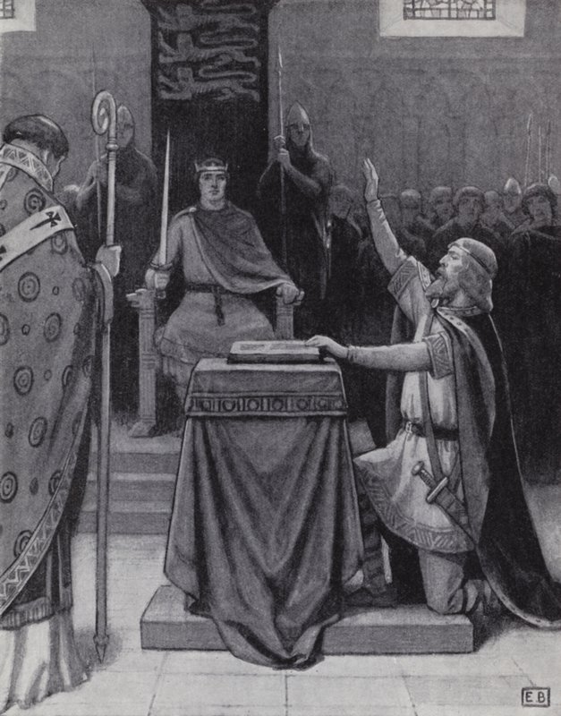 Harold Godwinson esküt tesz a szent ereklyékre, hogy támogassa Vilmost, Normandia hercegének igényét az angol trónra (litho) alkotó: Ernest (after) Board