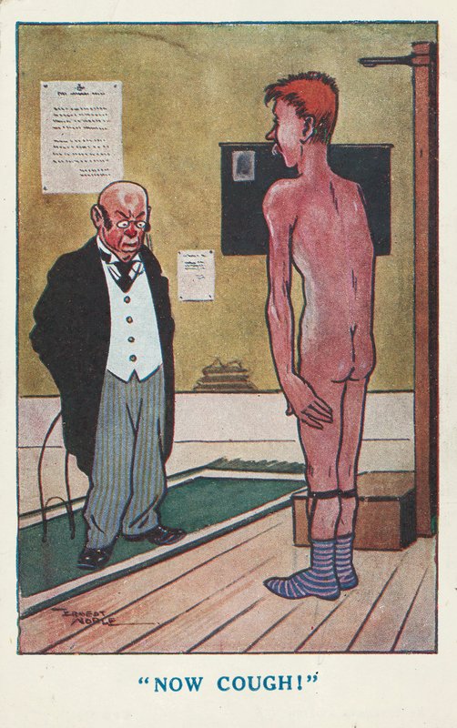 Az orvos egy meztelen férfit köhögésre kér orvosi vizsgálat során (színes litho) alkotó: Ernest (after) Noble