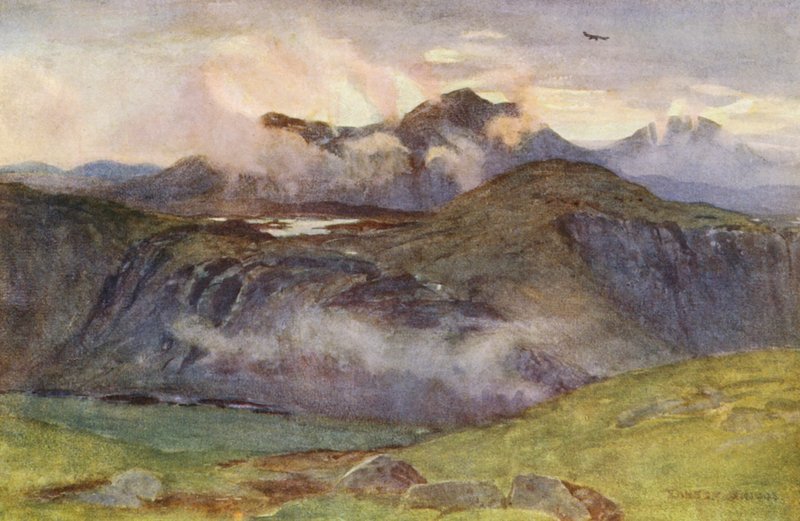 Merrick és a Loch Enoch a Corscrine csúcsáról (színes litográfia) alkotó: Ernest Edward Briggs