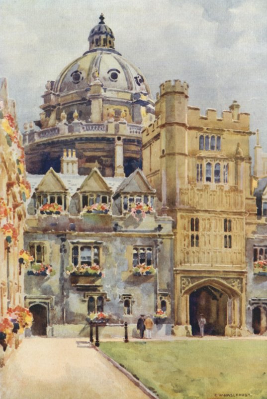 Brasenose College és Radcliffe Library Rotunda (színes litho) alkotó: Ernest William Haslehust
