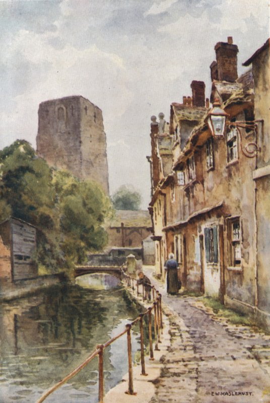 Fisher Row és az oxfordi kastély maradványai (színes litho) alkotó: Ernest William Haslehust