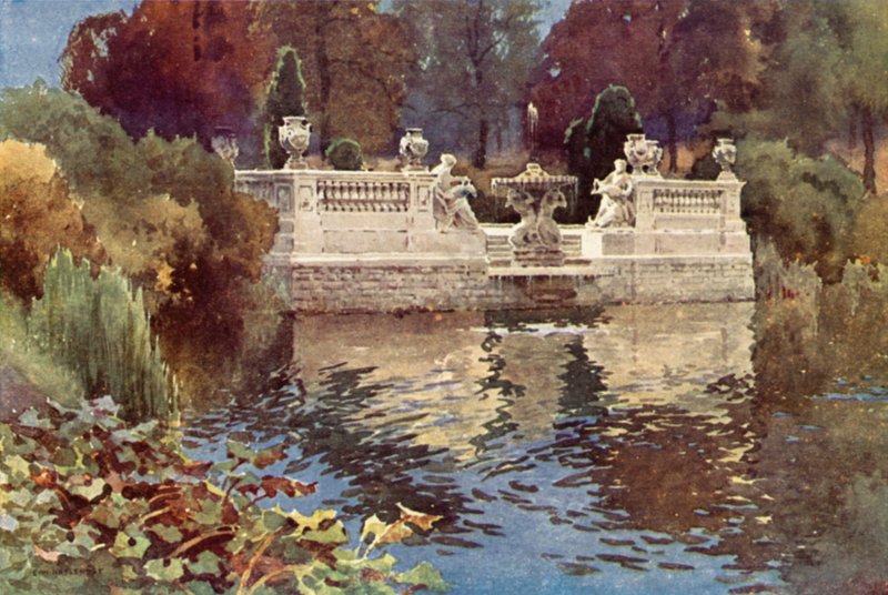 Lancaster Gate Fountain, Kensington Gardens (színes litho) alkotó: Ernest William Haslehust