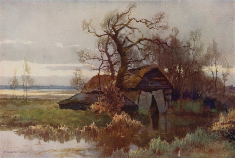 Régi csónakházak, Barton Broad (színes litho) alkotó: Ernest William Haslehust