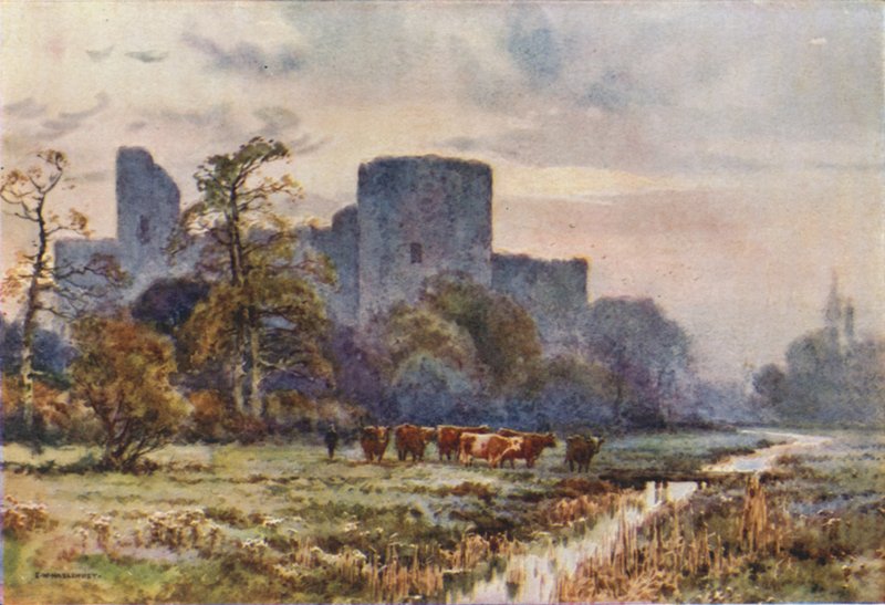Pevensey kastély a rétről (színes litó) alkotó: Ernest William Haslehust