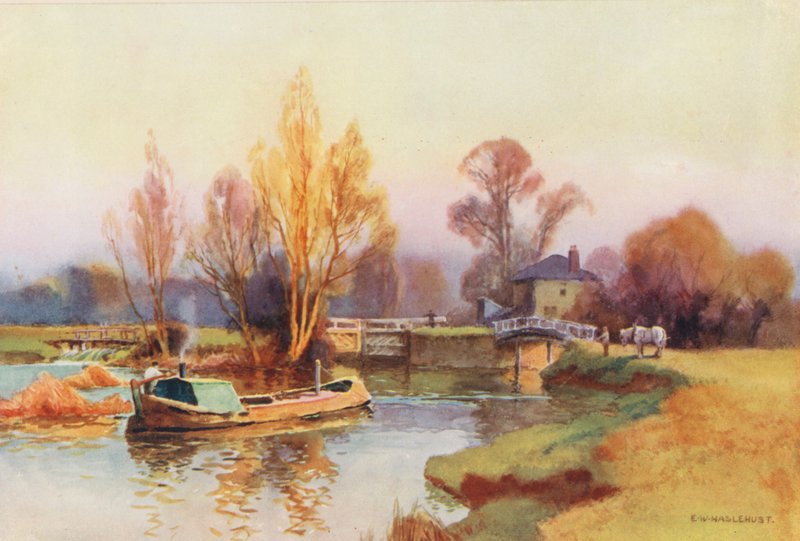 Temze folyó: Abingdon Lock (színes litográfia) alkotó: Ernest William Haslehust